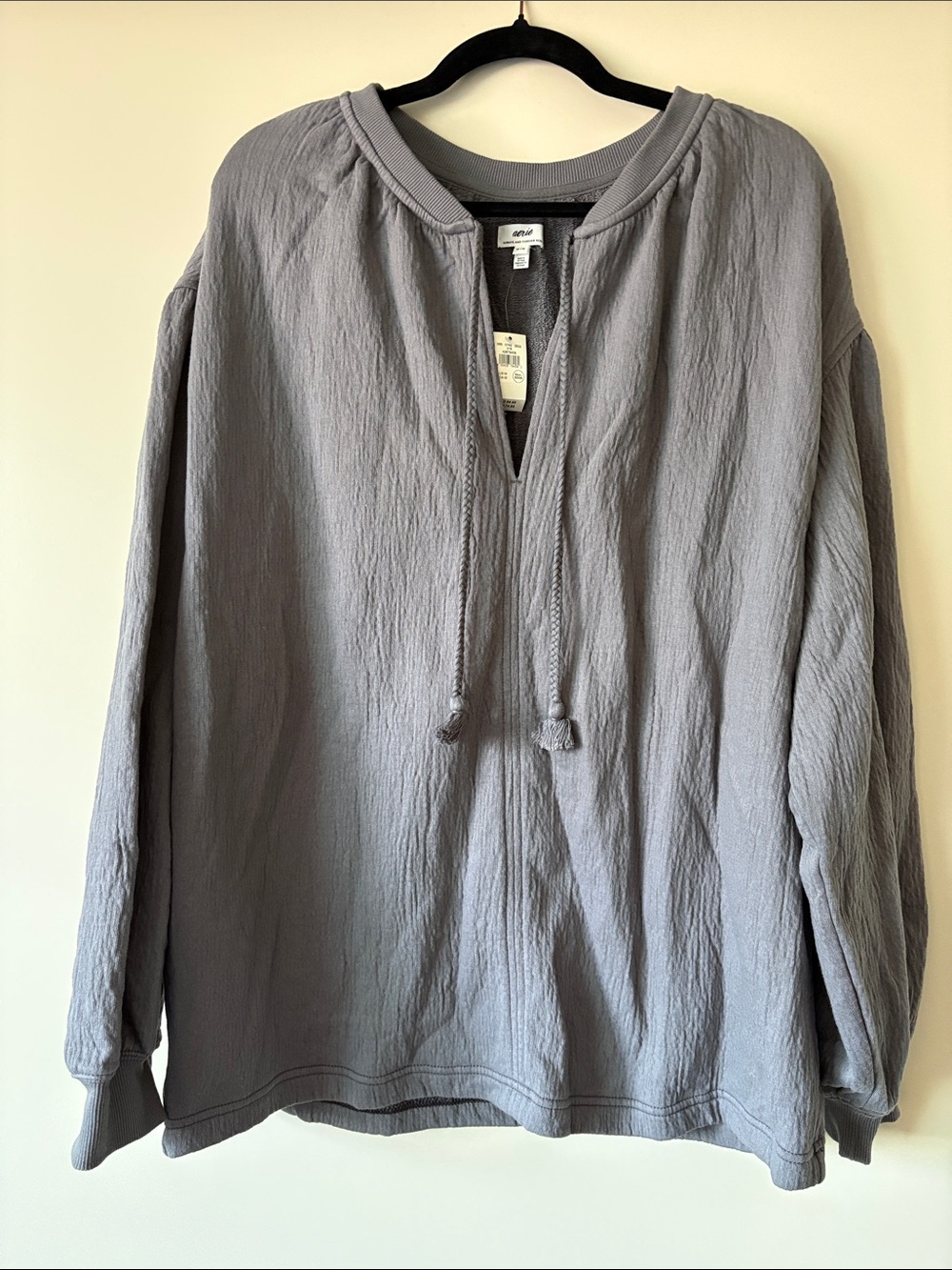 Aerie Light Gray Cotton V-Neck Pullover with Tassels